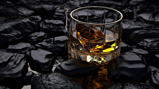 黑煤背景上一杯威士忌的 3D 渲染