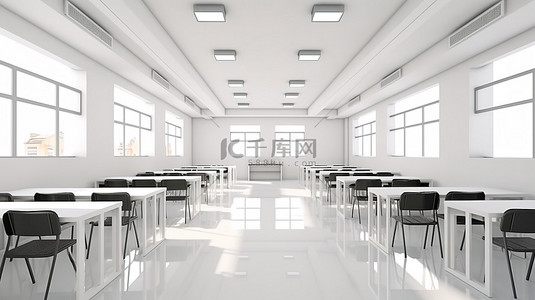 无人居住的白色现代教室内部的 3D 渲染