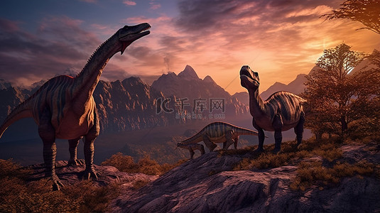 动物剪影背景图片_3d 恐龙山上的日落