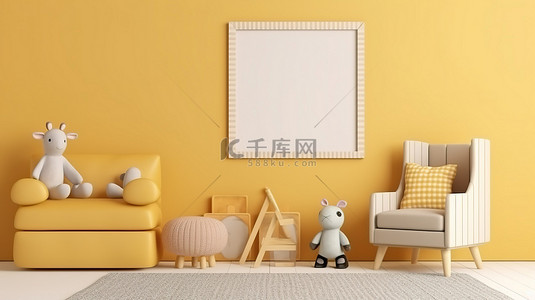 黄色儿童房内部配有框架样机北欧风格 3D 渲染