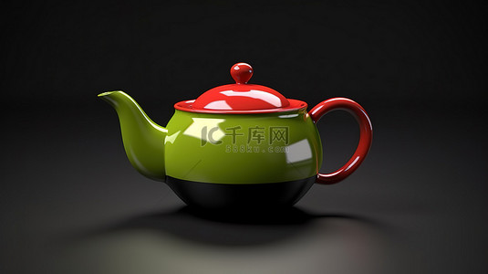 扭曲的时间背景图片_3D 渲染孤立的黑色和红色茶壶，用于下午茶时间，带有绿色扭曲