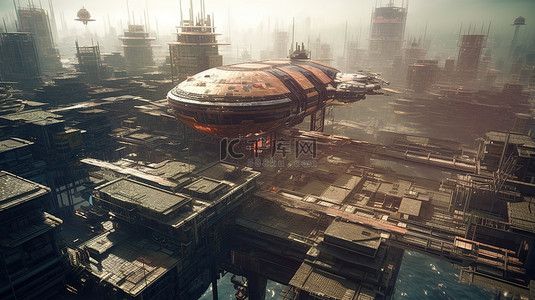 城市中心背景图片_以 3d 呈现的未来派城市和宇宙飞船