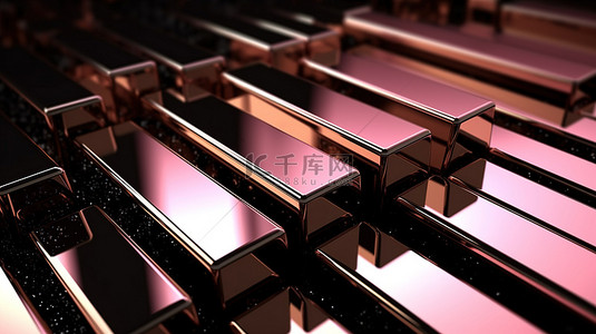 闪闪发光的黑色粉红色和金色条背景的华丽浮华 3D 插图