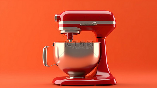 大胆的红色背景 3D 渲染上的老式黑色厨房搅拌机