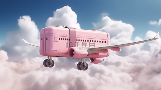乘坐粉色风格的飞机环游世界，手提箱在云层 3D 渲染中翱翔