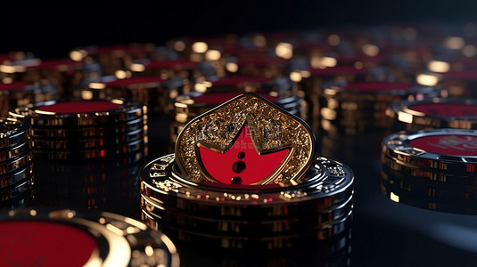扑克皇冠和赌场筹码在运动中令人惊叹的 3D 渲染