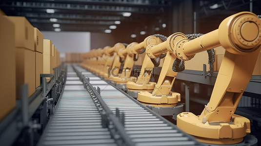 机械工厂背景图片_机器人手臂在工厂中沿传送带移动箱子