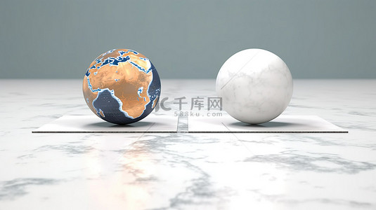白色背景下半球体在其表面滚动的悬浮大理石球的 3d 渲染