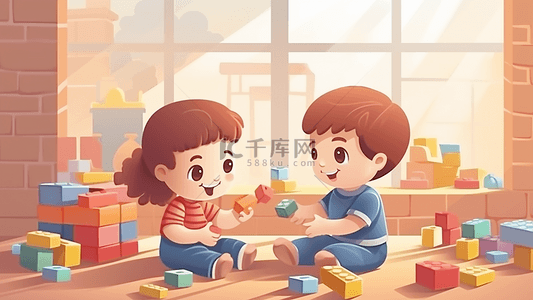 小孩插画背景图片_儿童玩积木卡通插画背景