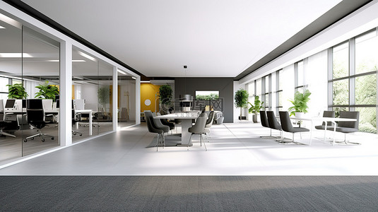 现代工作空间，配有白色办公桌灰色地毯地板和令人惊叹的 3D 效果图