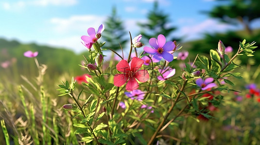 草地上精致的花朵 3d 渲染