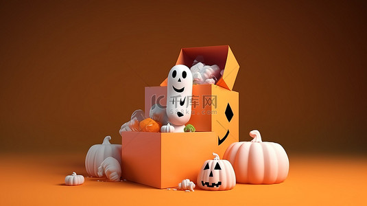 卡通风格 3D 渲染糖果鬼魂和南瓜在开放礼品盒完美的万圣节背景
