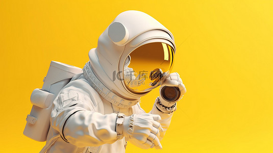 教育ppt封面背景图片_手里拿着放大镜的宇航员在黄色背景下进行 3D 渲染