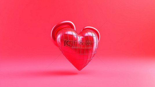 3D 渲染的红色心脏图标的卡通插图，粉红色背景上有脉冲线，最低限度地代表心脏病学医学概念