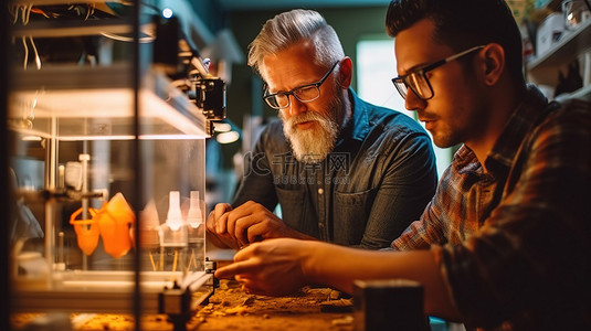 男性设计师在与同事合作时拥有处理灯丝和加载 3D 打印机的专业知识