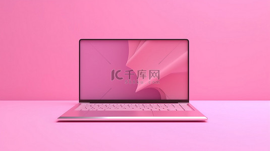 带有空白笔记本电脑显示屏的粉红色背景的 3D 渲染