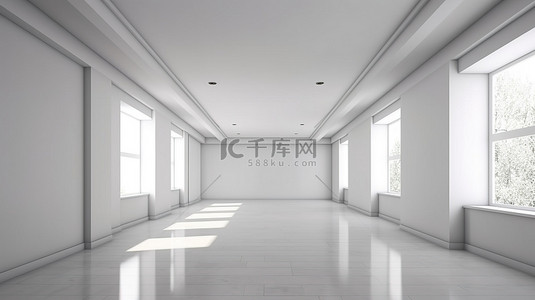 谨慎背景图片_现代空间内部明亮的白色房间的 3D 渲染，由谨慎的温暖灯光照亮