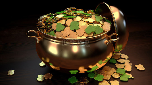 圣帕特里克节 3d 罐装满闪闪发光的金币