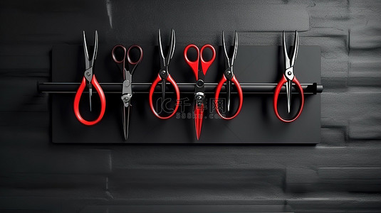 剪刀刀背景图片_3d 渲染的理发店配件红色剪刀对黑墙