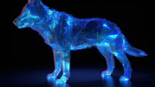 狼背景图片_抽象蓝色中的发光狼 3D 多边形渲染