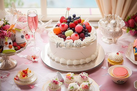 桌子上的蛋糕有草莓和奶油