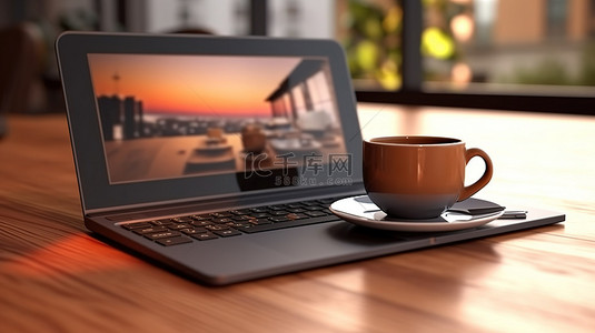 背景模糊的桌面，配有笔记本电脑相机书和咖啡杯 3D 渲染