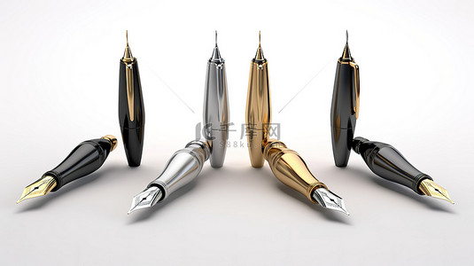 技术合同背景图片_白色背景展示了使用 3D 渲染技术创建的钢笔系列