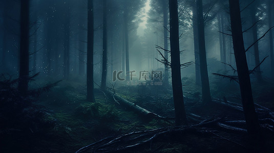 森林中的夜晚背景图片_雾蒙蒙的夜晚森林中深色树干的 3D 插图