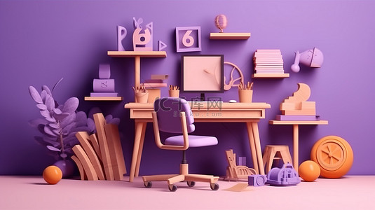 充满活力的 3D 插图，展示了一个创意工作空间，以活泼的紫色设计概念进行有趣的学习和专业努力