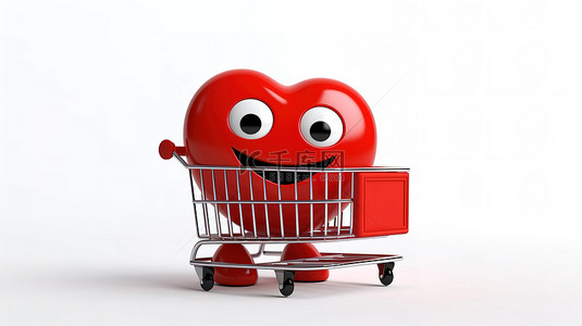 消费者人物背景图片_白色背景上推购物车的红心人物吉祥物的 3D 渲染