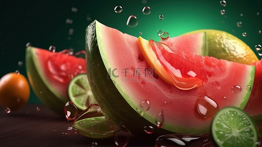 西瓜汁汁背景图片_新鲜多汁的西瓜横幅，西瓜汁和切片的 3D 插图