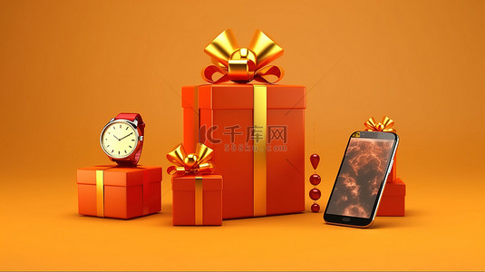 手表背景图片_用于在线购物 3D 渲染的虚拟礼品盒手表和手机