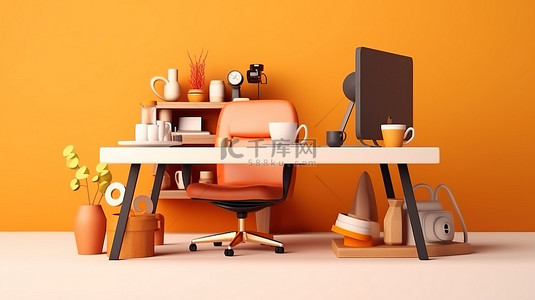 自由工作站卡通办公室配有电脑椅和咖啡杯，用于 3D 插图和复制空间