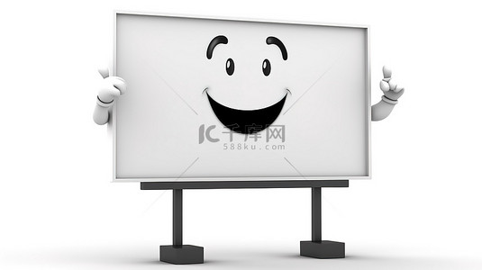 宣传海报背景图片_可定制的贸易展液晶显示器支架，带有欢快的闹钟角色吉祥物 3D 渲染在白色背景上
