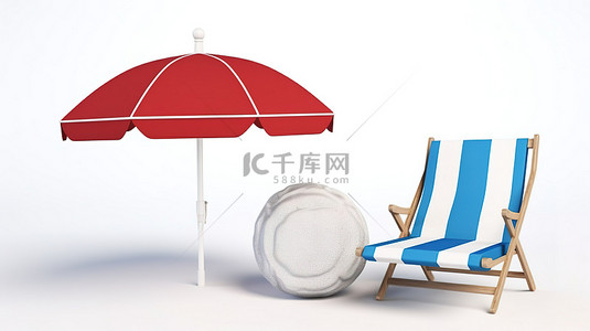 两张白色和蓝色的躺椅，配有伞救生圈和沙滩球，在白色背景上进行 3D 渲染