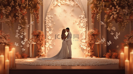 老年夫妇散步背景图片_站在祭坛上的一对已婚夫妇的 3d 渲染