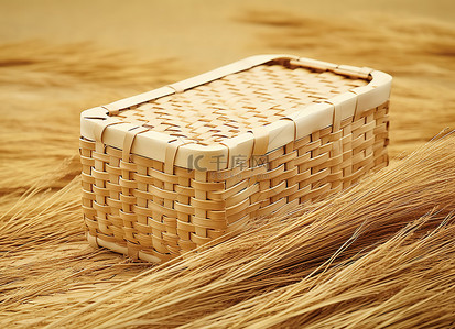 棕色的藤编篮子放在一些小麦上
