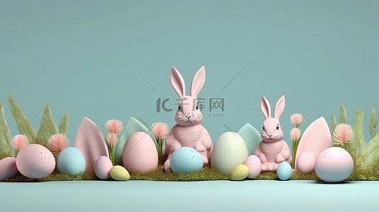 复活节快乐 3D 渲染一只可爱的卡通兔子，在草基座上有兔子耳朵和复活节彩蛋