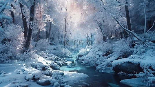 原始森林背景图片_迷人的冬季仙境 3D 艺术品，以原始森林灌木丛中冰冻的溪流为特色