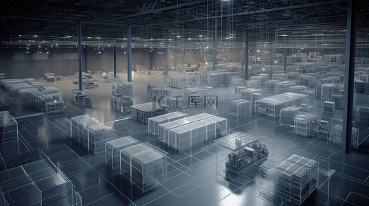 工业背景图片_自动化 3d 渲染仓库中机器人的等距视图