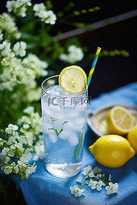 柠檬水背景图片_柠檬水加糖和水坐在摆满鲜花的桌子上