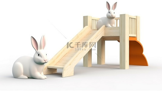 白色背景春季主题的逼真 3D 施普林格兔儿童游乐场
