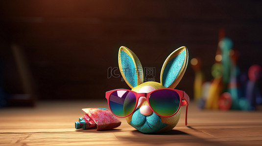 兔子耳朵背景图片_复活节兔子耳朵戴着太阳镜在复活节彩蛋上的 3D 插图，带有复制空间