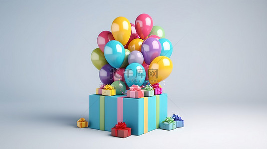 生日礼盒背景图片_白色背景生日礼盒的 3D 渲染，装饰着充满活力的气球