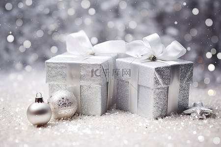 圣诞背景背景图片_银桌上的几个银色圣诞礼品盒