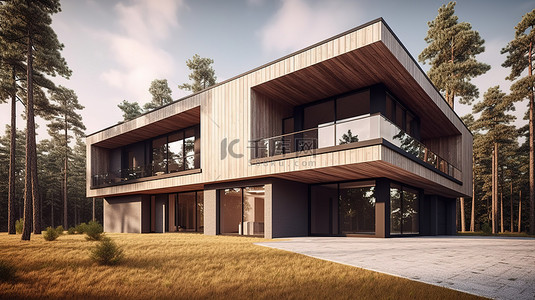 木材和混凝土在令人惊叹的现代住宅中融合在一起，3D 渲染