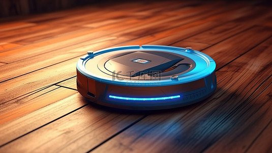 木地板上的创新清洁解决方案 3D 渲染智能机器人吸尘器