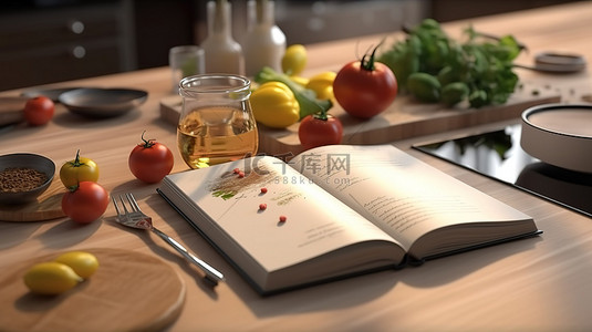 3D 渲染烹饪书模拟页面显示在厨房桌子上，配有装饰