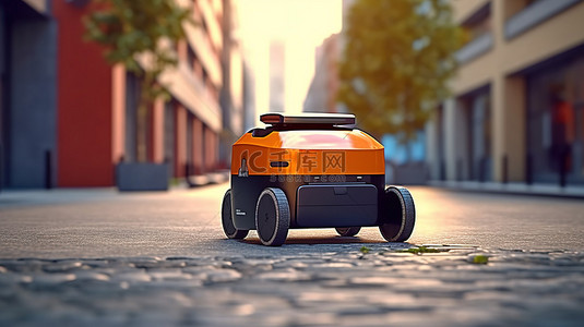 智能工业背景图片_街道上无人驾驶自主送货机器人的智能车辆技术概念 3D 渲染