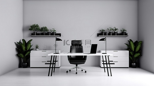 办公家具背景图片_办公家具 3D 插图宽敞的工作区，配有电脑和椅子